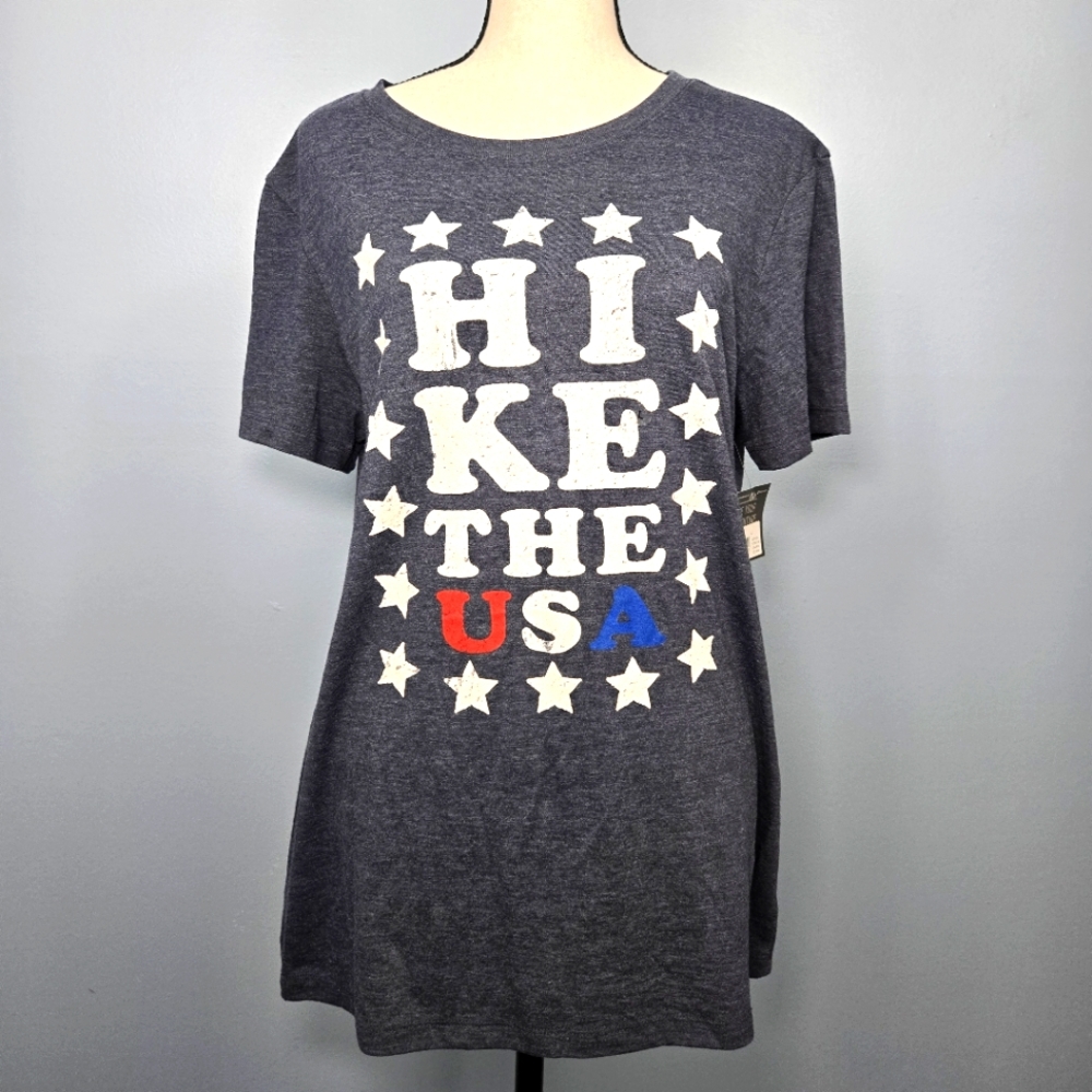 Eddie Bauer Hike The USA T-Shirt Womens Size Large Heather/Navy NWT‎